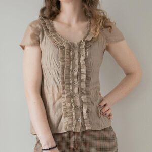 Sparkle Semi Sheer Tan Ruffle Short Sleeve Y2K Preppy Scoop neck Women's Shirt